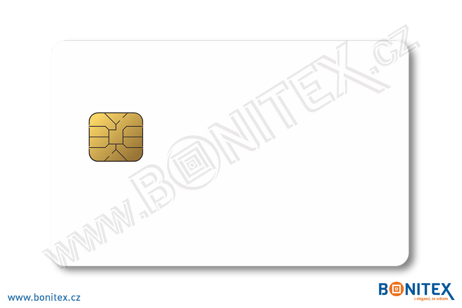 Plastová karta PVC, rozměr ISO, tl. 0,82mm s kontaktním čipem, lesklá laminace, bílá-botinex