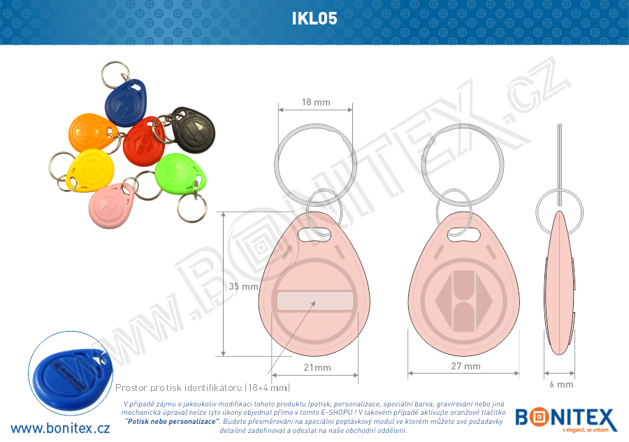 ABS klíčenka 35x28, tl. 6mm s RFID 125 kHz, růžová-botinex