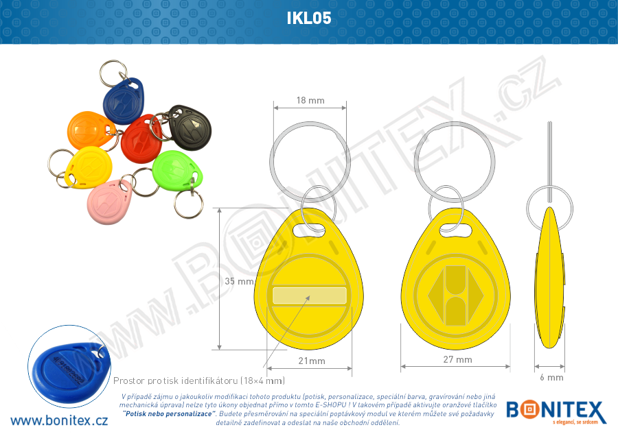 ABS klíčenka 35x28, tl. 6mm s RFID 125 kHz, žlutá-botinex