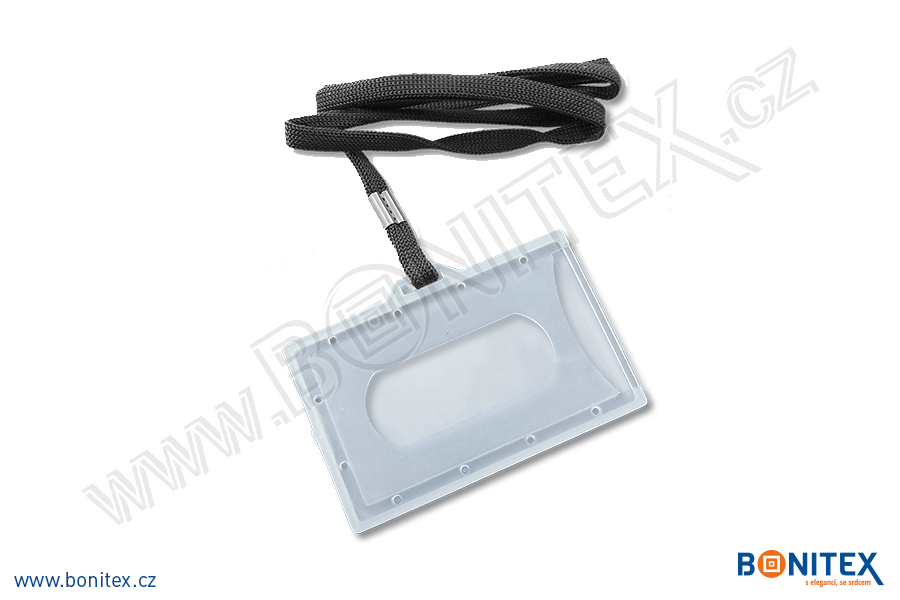Plastové pouzdro rozměru ISO, na šířku, PP-60x90, tl. 3,5mm, průhledné, černý popruh-botinex