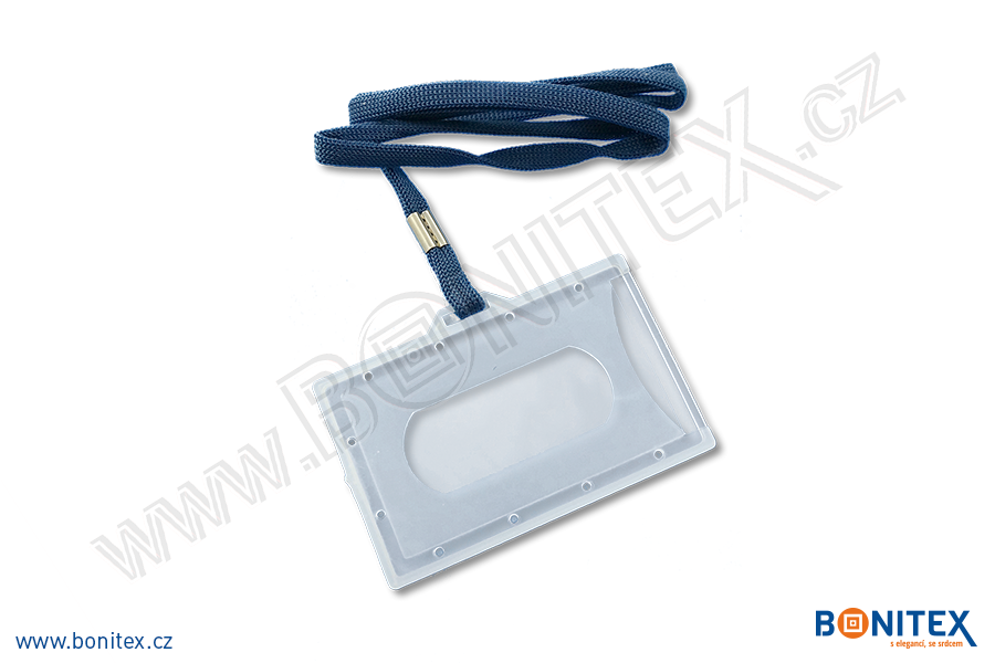 Plastové pouzdro rozměru ISO, na šířku, PP-60x90, tl. 3,5mm, průhledné, modrý popruh-botinex