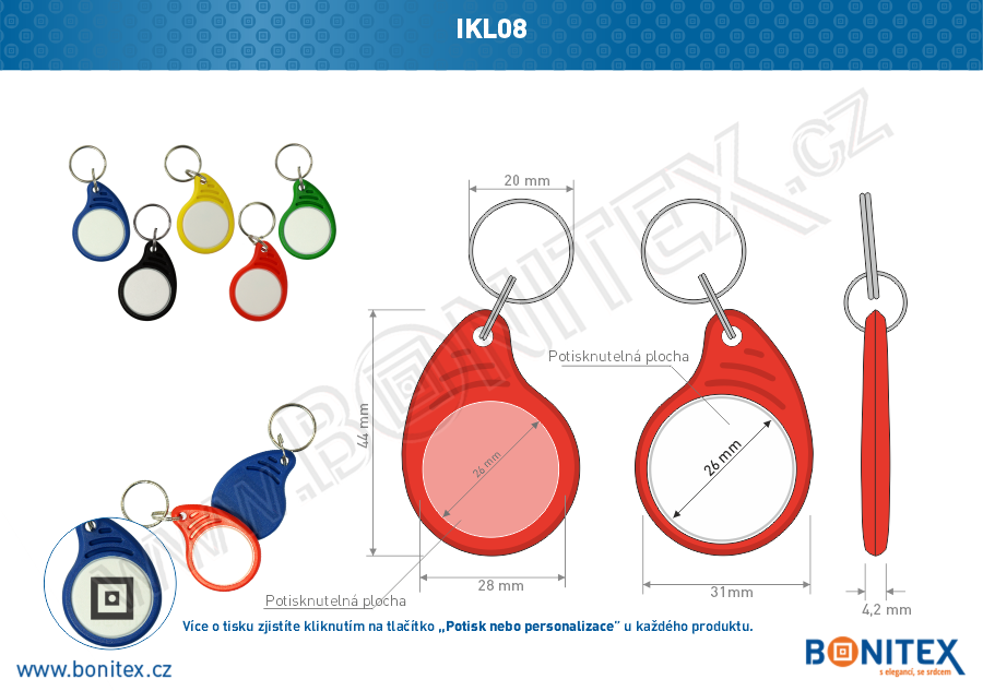 Klíčenka-ABS-43x31-tl.4mm-s RFID-13,56 MHz-červená/bílý střed-botinex