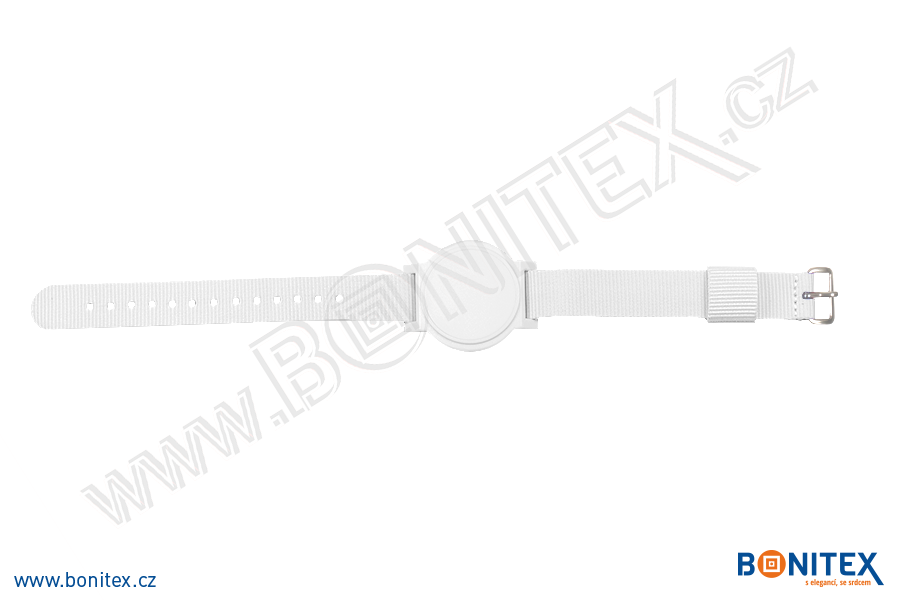 Nylonový náramek 255-265x16mm, kovová spona 1, s RFID 13,56 MHz, bílý/č.bílý-botinex