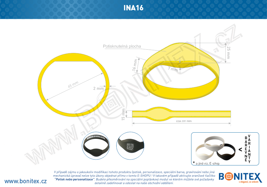 Silikonový náramek, průměr 65mm s RFID 125 kHz, žlutý-botinex