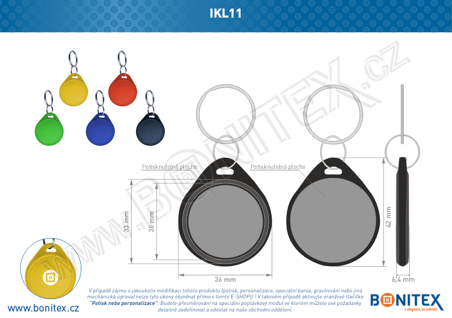 ABS klíčenka 42x36, tl. 6,3mm s RFID 13,56 MHz, černá-botinex