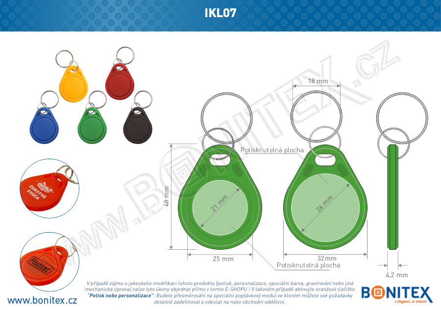 ABS klíčenka 40x32, tl. 4,2mm s RFID 13,56 MHz, zelená-botinex