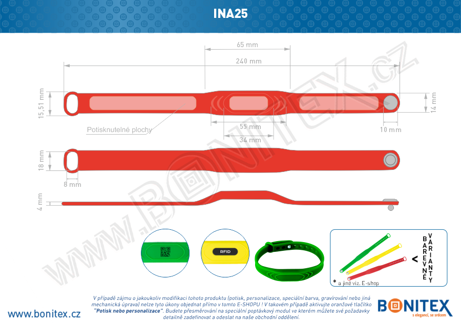Silikonový náramek 242x13/17mm, kovový knoflík, s RFID 125 kHz, červený-botinex