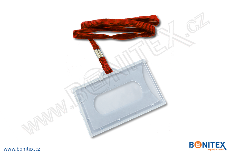 Plastové pouzdro rozměru ISO, na šířku, PP-60x90, tl. 3,5mm, průhledné, červený popruh-botinex