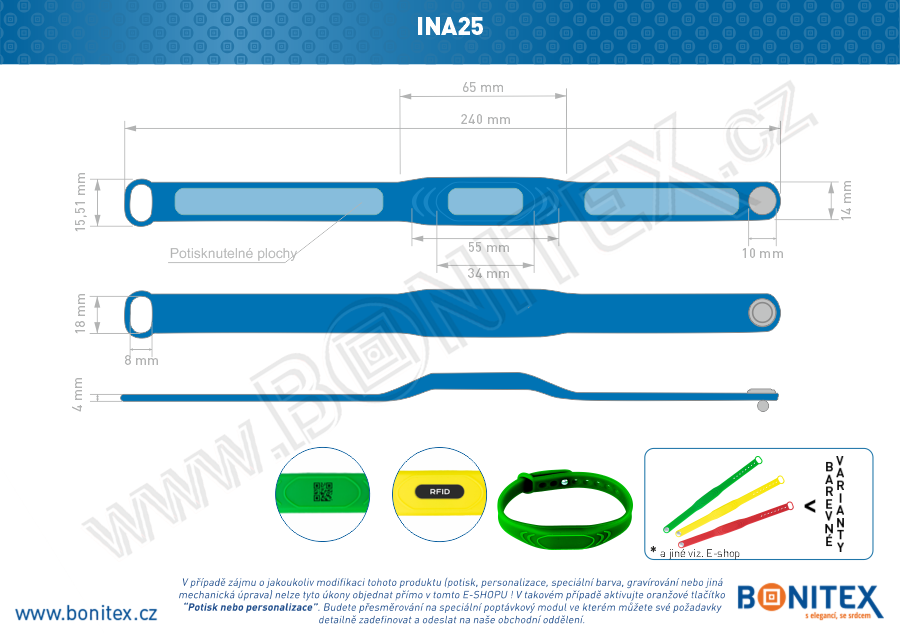 Silikonový náramek 242x13/17, kovový knoflík, s RFID 13,56 MHz, modrý-botinex