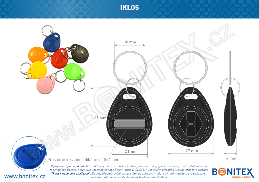ABS klíčenka 35x28, tl. 6mm s RFID 125 kHz, černá+UID DEC-5B-botinex