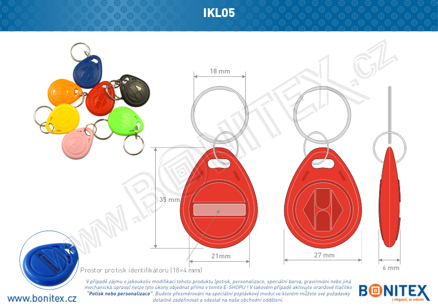 ABS klíčenka 35x28, tl. 6mm s RFID 125 kHz, červená+UID DEC-5B-botinex