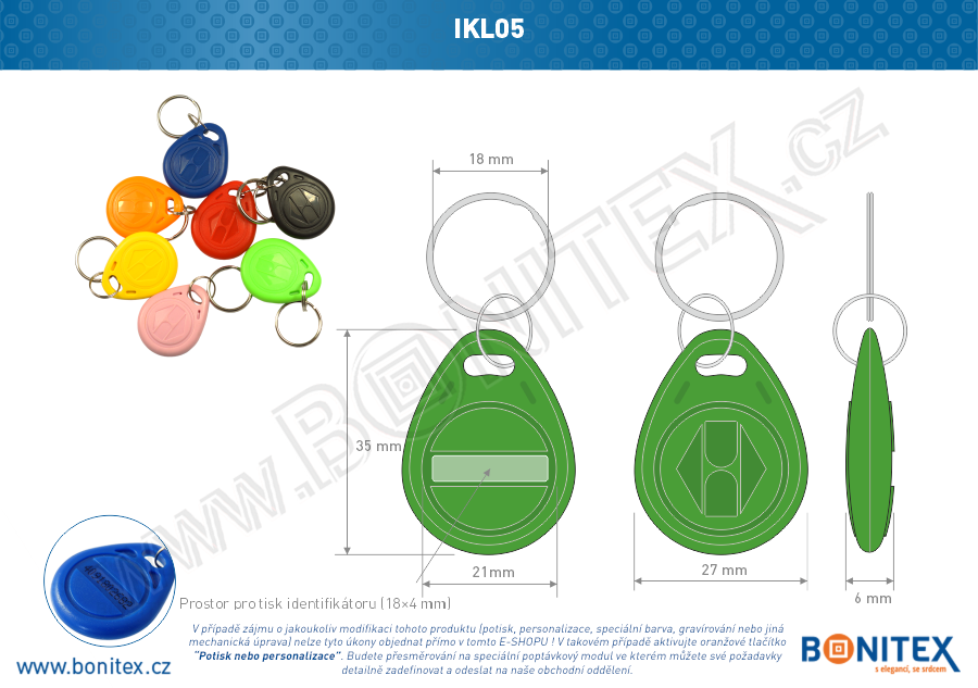 ABS klíčenka 35x28, tl. 6mm s RFID 125 kHz, zelená+UID DEC-5B-botinex