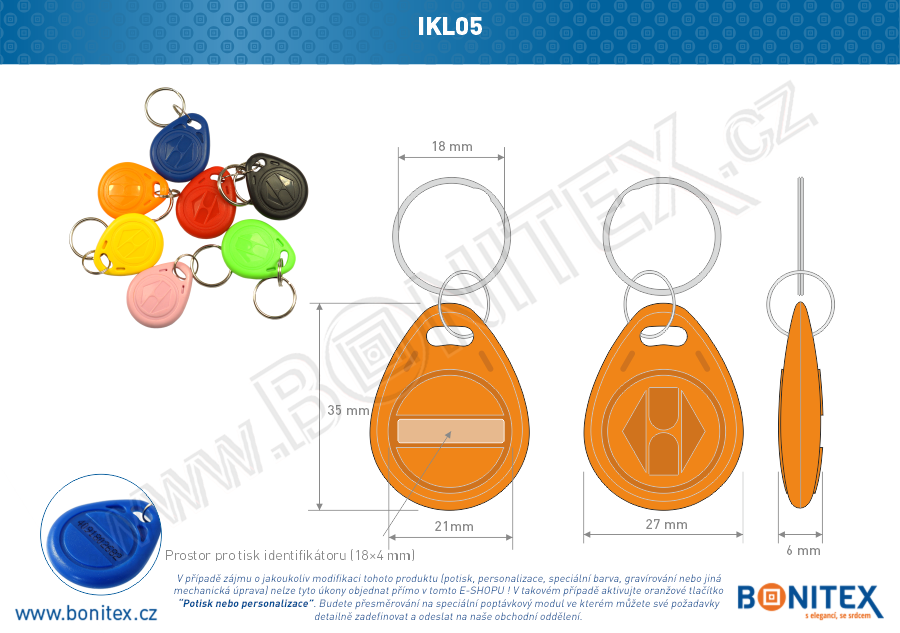 ABS klíčenka 35x28, tl. 6mm s RFID 125 kHz, oranžová+UID HEX-5B-botinex