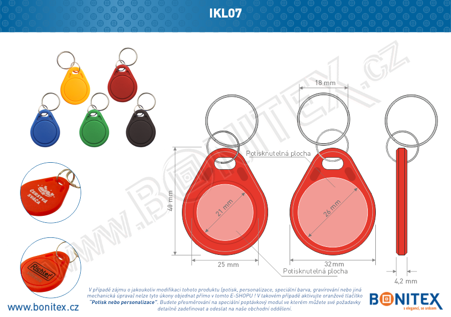 Klíčenka-ABS-40x32-tl.4,2mm-s RFID-125 kHz-červená+UID DEC-5B-botinex