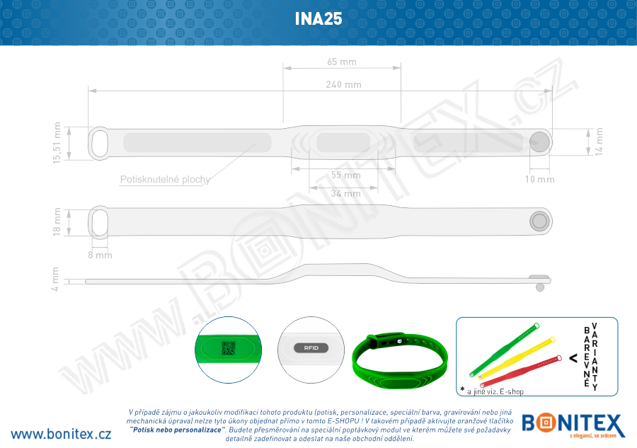 Silikonový náramek 242x13/17mm, kovový knoflík, s RFID 13,56 MHz, bílý-botinex
