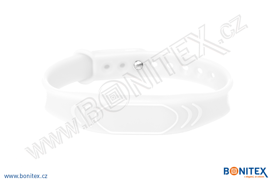 Silikonový náramek 242x13/17mm, kovový knoflík, s RFID 13,56 MHz, bílý-botinex