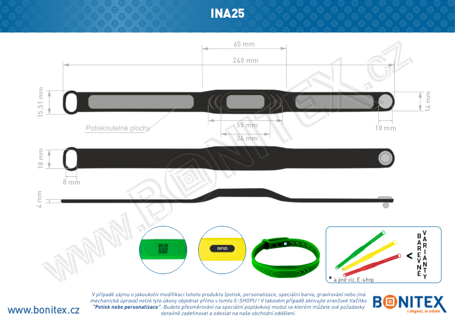 Silikonový náramek 242x13/17mm, kovový knoflík, s RFID 13,56 MHz, černý-botinex