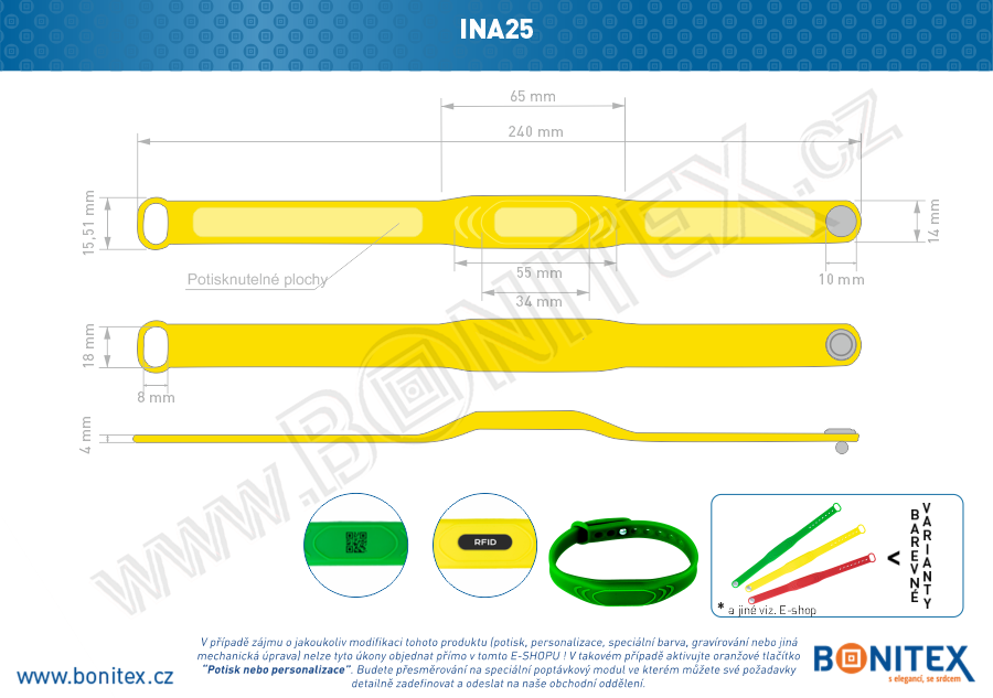 Silikonový náramek 242x13/17mm, kovový knoflík, s RFID 13,56 MHz, žlutý-botinex