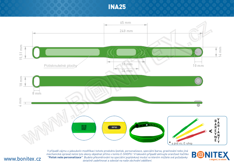 Silikonový náramek 242x13/17mm, kovový knoflík, s RFID 13,56 MHz, zelený-botinex