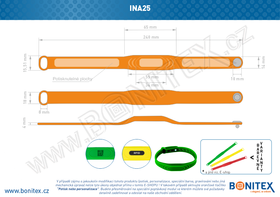Silikonový náramek 242x13/17mm, kovový knoflík, s RFID 13,56 MHz, oranžový-botinex